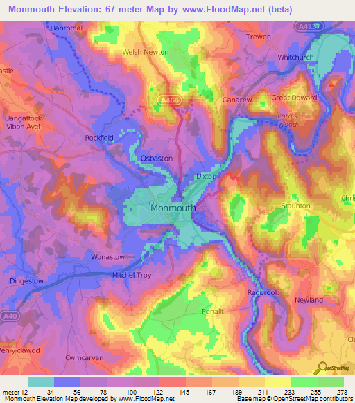 Monmouth,UK Elevation Map