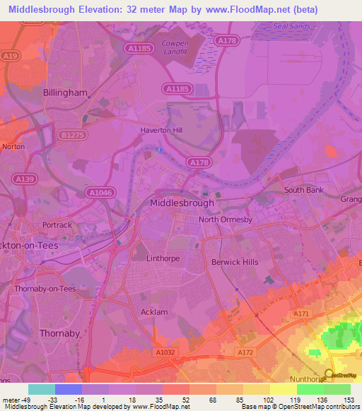 Middlesbrough,UK Elevation Map