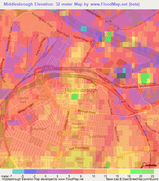 Middlesbrough,UK Elevation Map