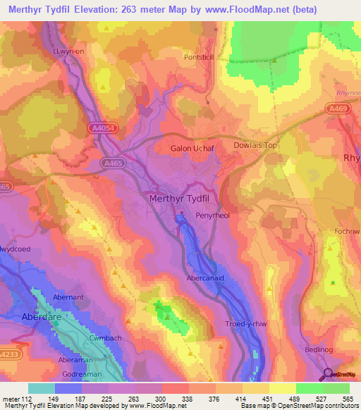 Merthyr Tydfil,UK Elevation Map