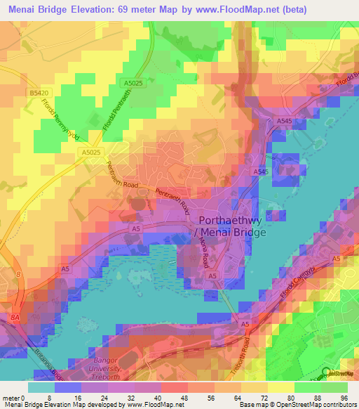 Menai Bridge,UK Elevation Map