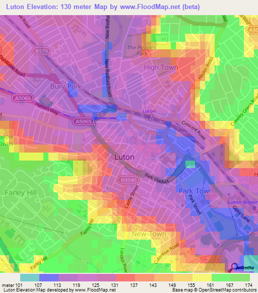 Luton,UK Elevation Map
