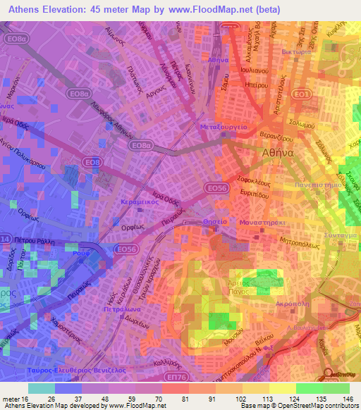 Athens,Greece Elevation Map
