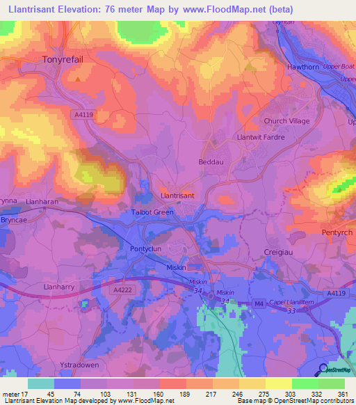 Llantrisant,UK Elevation Map