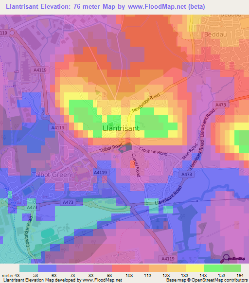 Llantrisant,UK Elevation Map