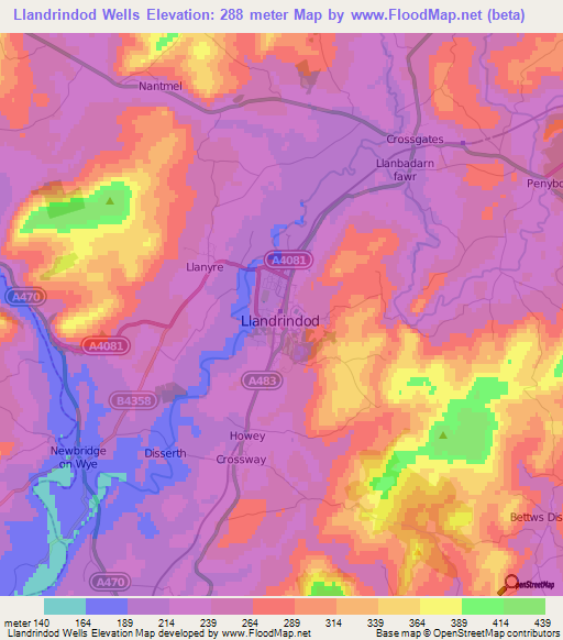 Llandrindod Wells,UK Elevation Map