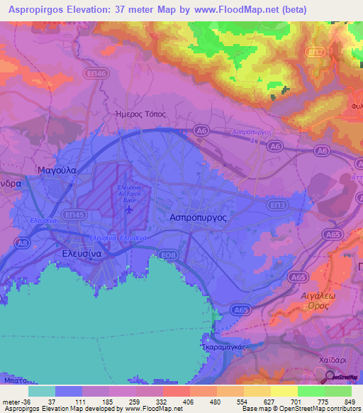 Aspropirgos,Greece Elevation Map