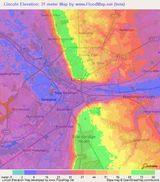 Lincoln,UK Elevation Map