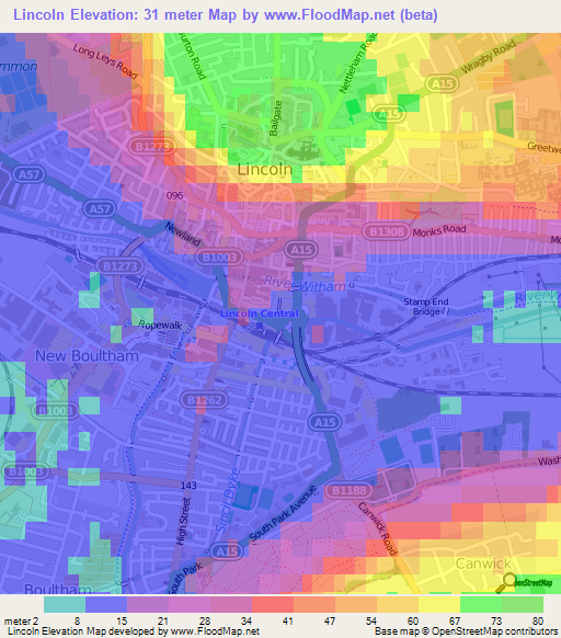 Lincoln,UK Elevation Map