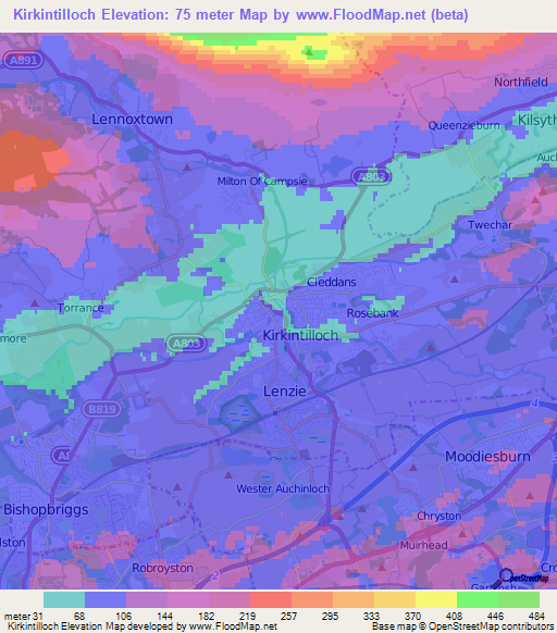 Kirkintilloch,UK Elevation Map