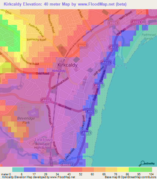 Kirkcaldy,UK Elevation Map