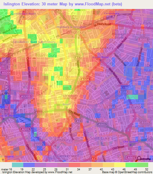 Islington,UK Elevation Map