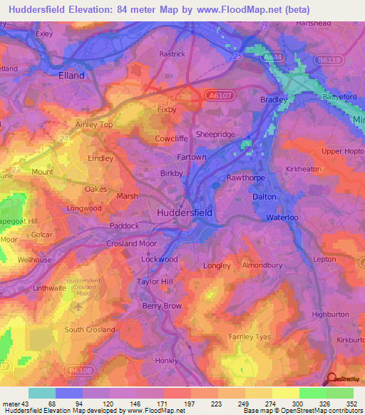 Elevation of Huddersfield,UK Elevation Map, Topography, Contour