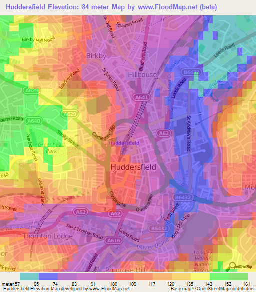 Huddersfield,UK Elevation Map
