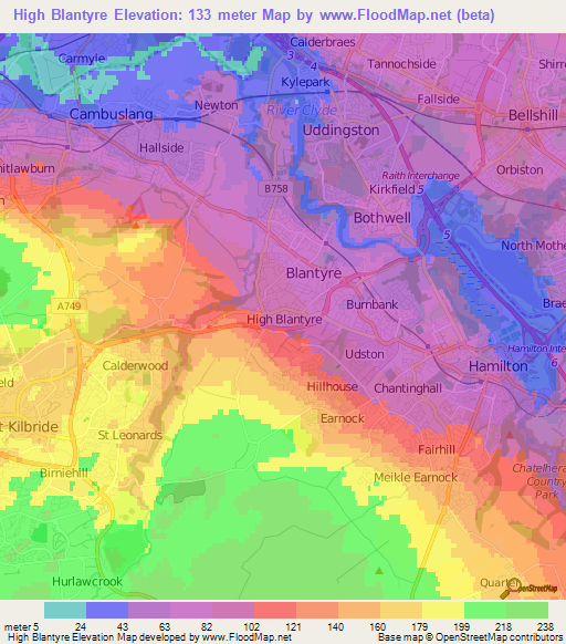 Elevation of High Blantyre,UK Elevation Map, Topography, Contour