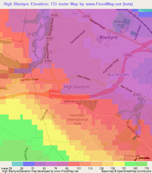 High Blantyre,UK Elevation Map