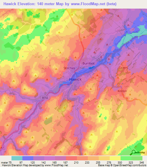 Hawick,UK Elevation Map