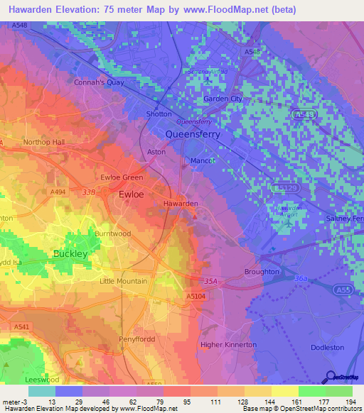 Hawarden,UK Elevation Map