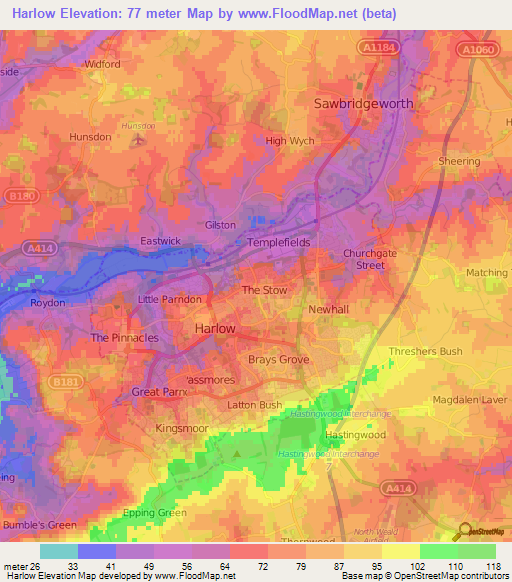 Harlow,UK Elevation Map