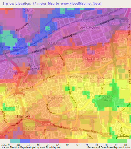 Harlow,UK Elevation Map