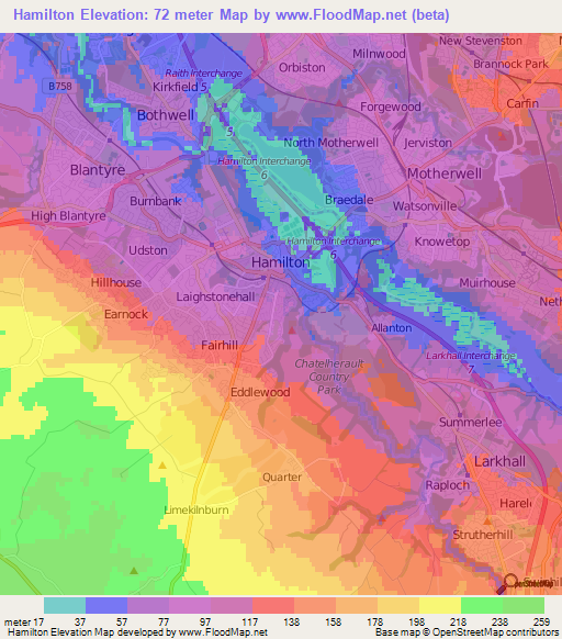 Hamilton,UK Elevation Map