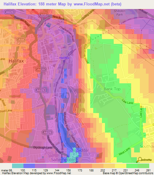 Halifax,UK Elevation Map