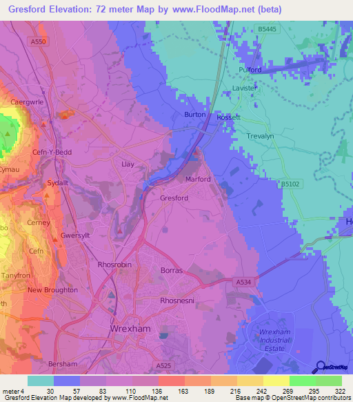 Gresford,UK Elevation Map