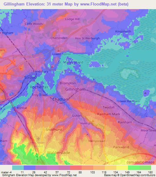 Gillingham,UK Elevation Map