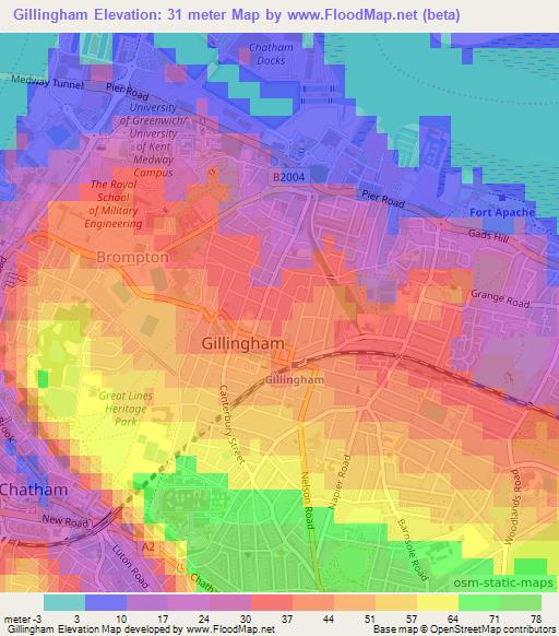 Gillingham,UK Elevation Map