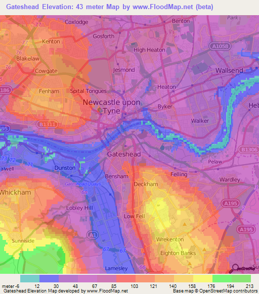 Gateshead,UK Elevation Map