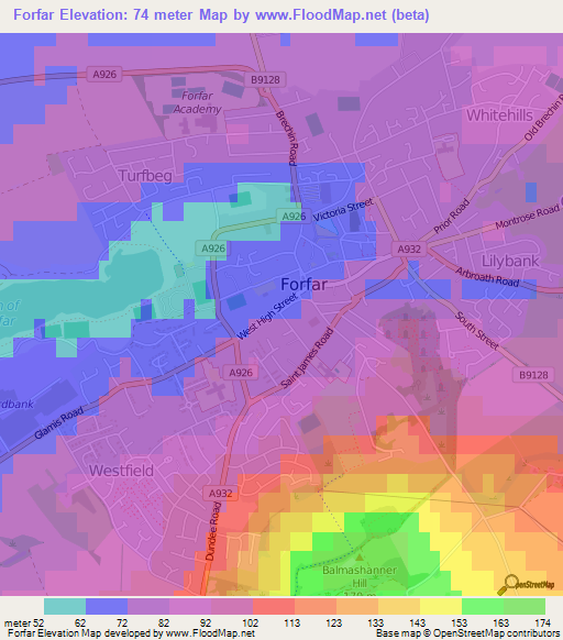 Forfar,UK Elevation Map