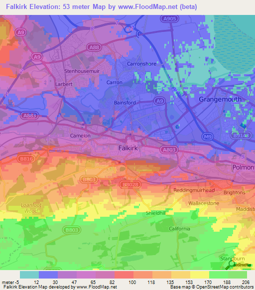 Falkirk,UK Elevation Map