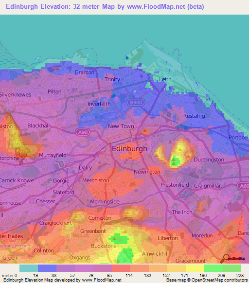 Edinburgh,UK Elevation Map