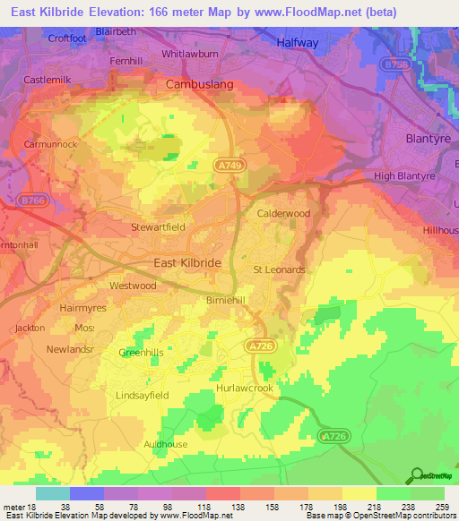 East Kilbride,UK Elevation Map