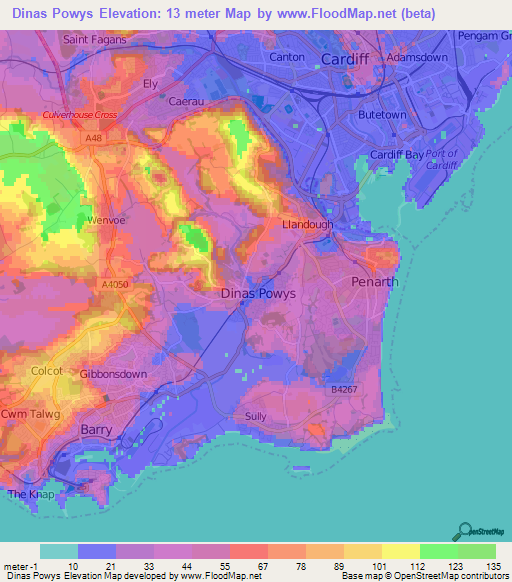 Dinas Powys,UK Elevation Map