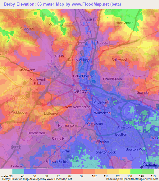 Derby,UK Elevation Map