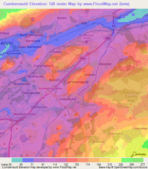 Cumbernauld,UK Elevation Map