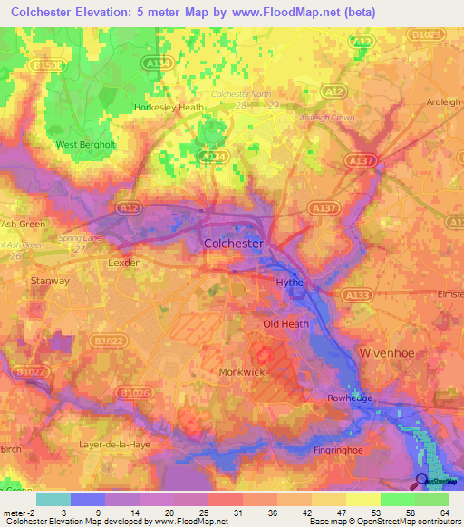 Colchester,UK Elevation Map