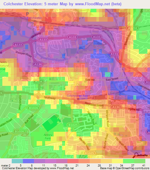 Colchester,UK Elevation Map