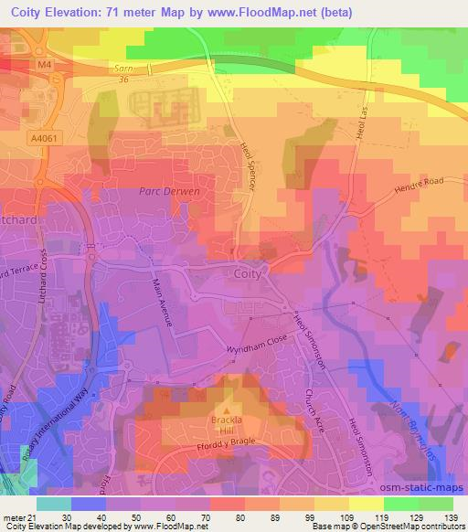 Coity,UK Elevation Map