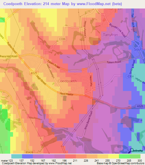 Coedpoeth,UK Elevation Map