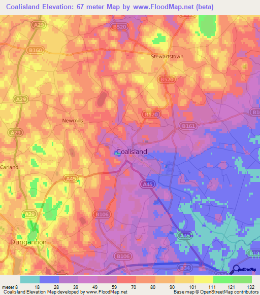 Coalisland,UK Elevation Map