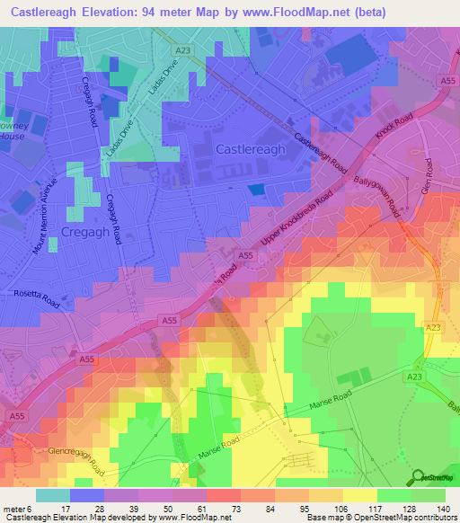 Castlereagh,UK Elevation Map