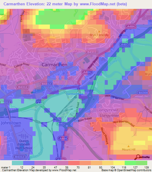 Carmarthen,UK Elevation Map