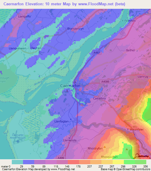 Caernarfon,UK Elevation Map