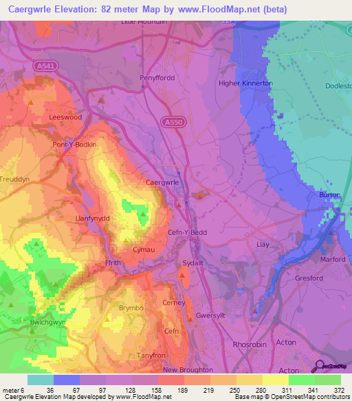 Caergwrle,UK Elevation Map