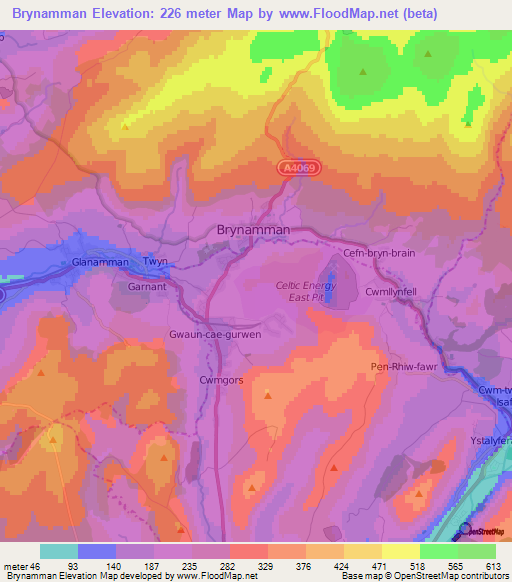 Brynamman,UK Elevation Map