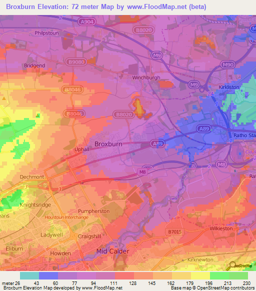 Broxburn,UK Elevation Map