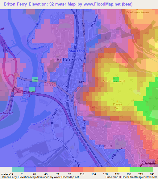 Briton Ferry,UK Elevation Map
