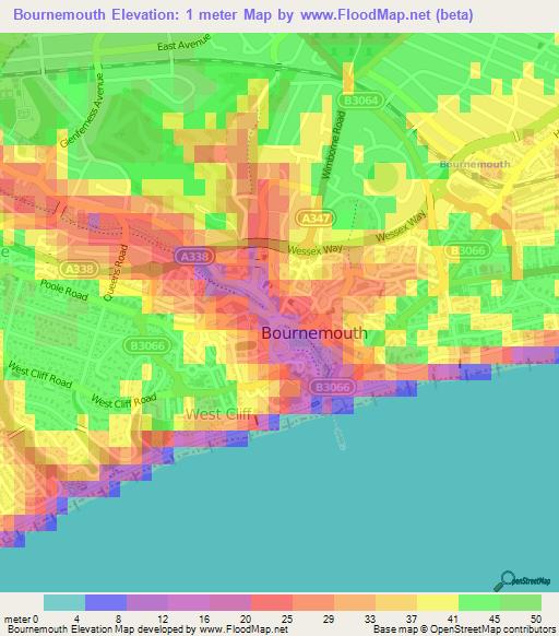 Bournemouth,UK Elevation Map